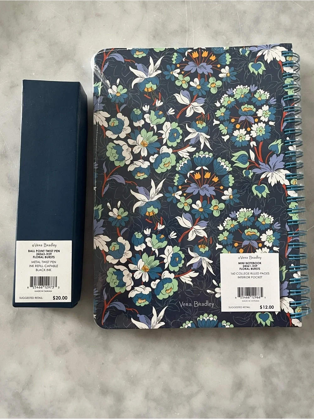 Vera Bradley Navy Floral Burst Spiral Notebook & Matching Floral Pen Set